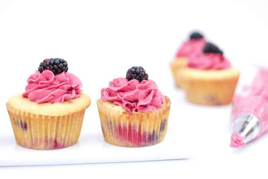 TRIPLE BERRY VANILLA CUPCAKES WITH TRUPLE BERRY BUTTERCREAM FROSTING